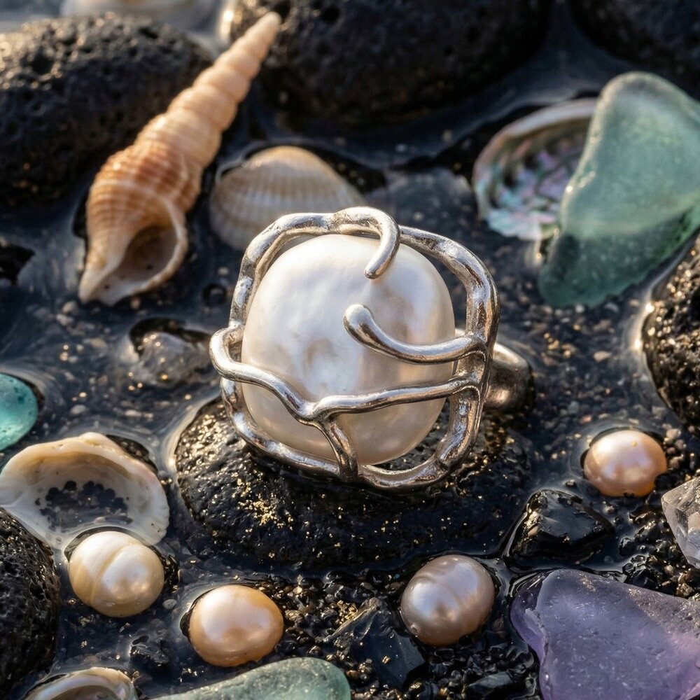 925 Sterling Silver Sculptural Faux Baroque Pearl Statement Ring Adjustable 6-9 - Picture 5 of 16